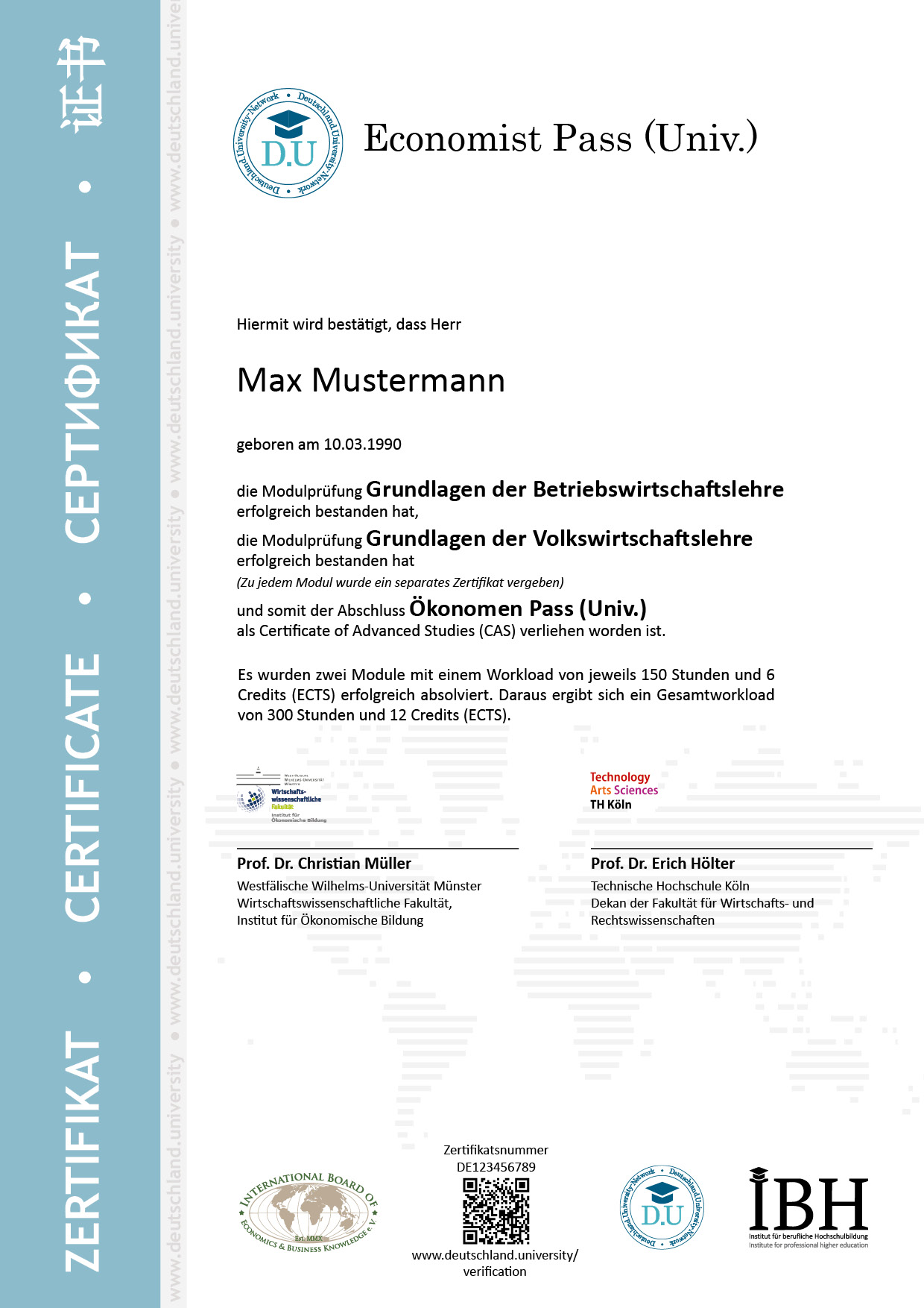 Musterzertifikat Ökonomen Pass (Univ.)